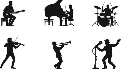 Musician silhouette collection, jazz band performance, guitarist, pianist, drummer, violinist, trumpet player, singer silhouette, music concert illustration, black vector art © MdSobhan