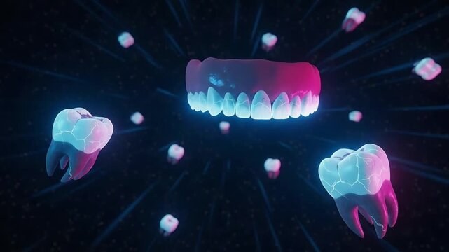 Neon glowing floating molars and dentures in futuristic dental space.