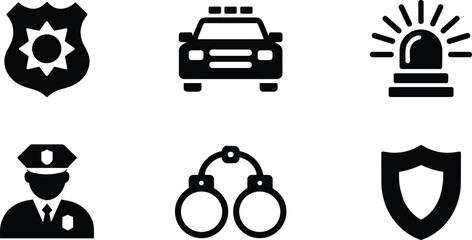 Police silhouette vector illustration, badge, patrol car, siren, officer, handcuffs, shield, law enforcement icon, security symbol, crime control design © MdSobhan