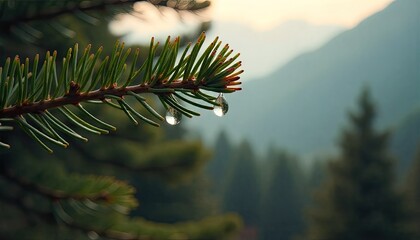 Dew drops on pine needles with blurred forest and mountain backdrop, peaceful nature scene