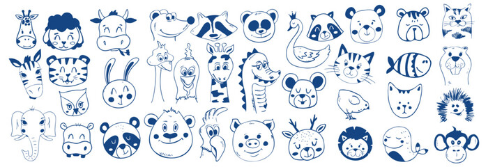 set of funny cute sketch seamless doodle pattern of animal face vector