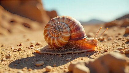 Stunning snail on a desert journey, showcasing intricate shell details, perfect for nature themes