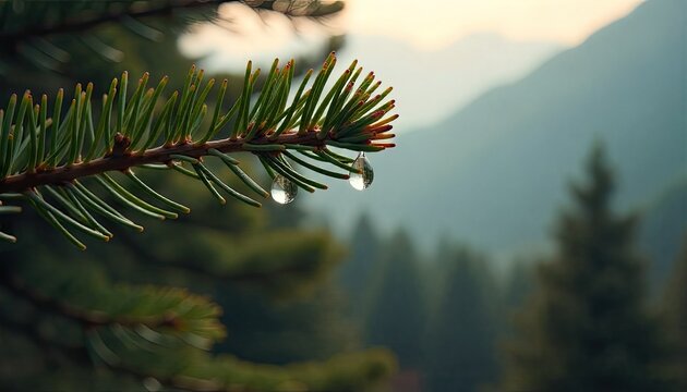 Dew drops on pine needles with blurred forest and mountain backdrop, peaceful nature scene - Powered by Adobe