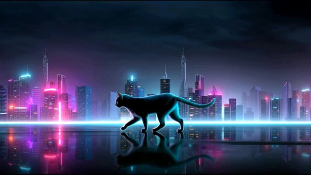Futuristic neon cityscape with silhouetted cat prowling across illuminated skyline