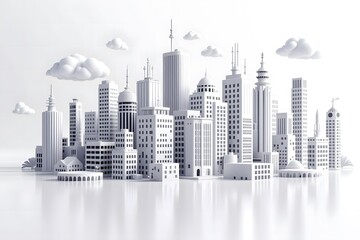 A miniature white city skyline with tall buildings and fluffy clouds isolated on white background