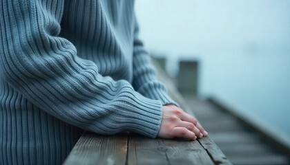 Person resting hands on wooden railing, serene moment of reflection and contemplation