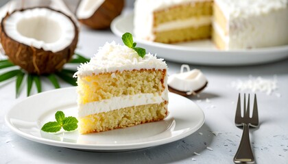 A slice of coconut cake on a plate, garnished with coconut flakes and mint leaves