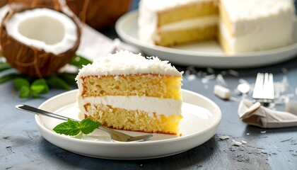 A slice of coconut cake on a plate, with whole coconuts in the background