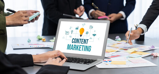 Analyst team use sticky note for creative and analytic brainstorm for business idea with BI data dashboard on laptop screen. Analysis financial data visualization tech for marketing strategy. Prodigy