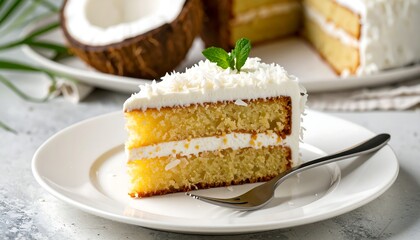 A slice of coconut cake on a plate
