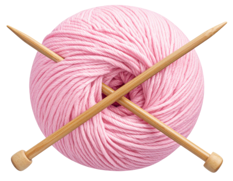 Ball of Yarn with Knitting Needles Inserted, Front View, Isolated on Transparent Background
