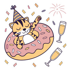 Charming SVG of a Sleepy Tiger featuring inside a donut float, styled in a New Year celebration theme with Midnight Sparkle hues