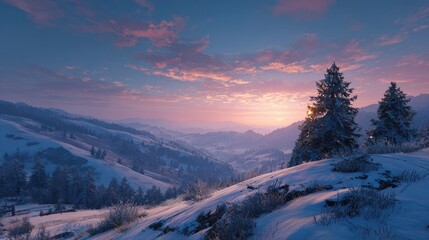 snowcovered hills at sunset with a christmas tree glowing in the distance