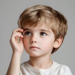 Thoughtful young boy contemplating ideas with soft expression