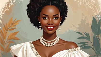 A smiling, dark-skinned woman with curly hair wears a white, off-the-shoulder dress and pearl jewelry. Soft, painted background features botanical elements in muted beige, green, and orange tones