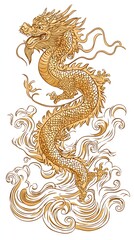 Fototapeta premium Majestic Golden Dragon Design on Waves with Detailed Features