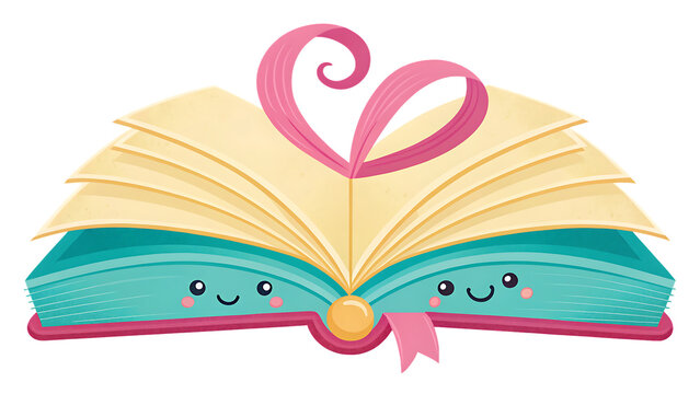 Cute open book with heart shaped ribbon isolated on transparent background