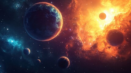 A cosmic scene filled with colorful planets and a vibrant star, showcasing the beauty of the universe and its many celestial wonders