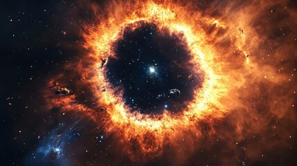 Stunning view of a cosmic explosion with bright orange flames around a deep black center in space.
