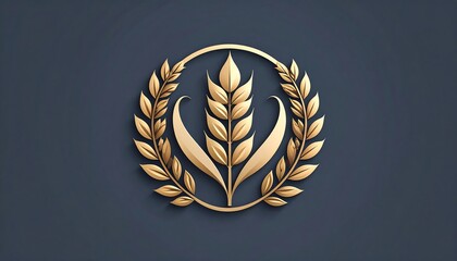 A symmetrical gold emblem on a dark blue backdrop. It features a central wheat stalk with two stylized curved elements framed by a golden laurel wreath. 