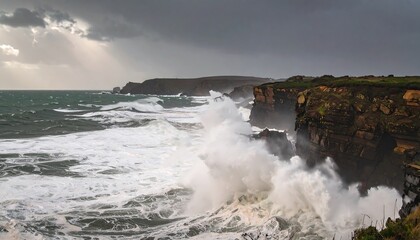 Dramatic coastal waves crashing against cliffs under a stormy sky