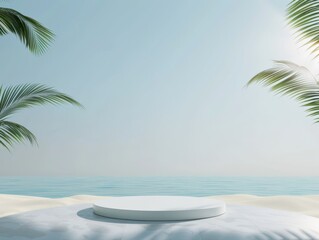 Fototapeta premium A minimalist tropical beach scene with a white platform, palm trees, and calm ocean under a clear sky.