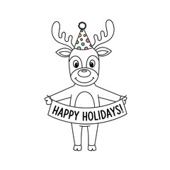 Cute Cartoon Deer in Party Hat Holding Holiday Banner