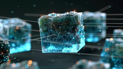 Luminescent network cubes glowing, connecting digital data streams through pulsing, translucent geometric structures representing technological communication - Powered by Adobe