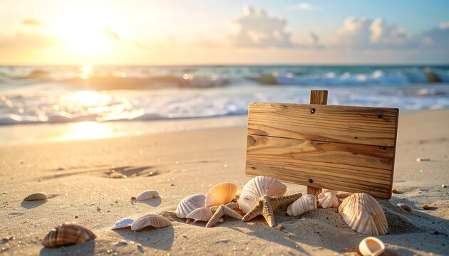 A wooden sign sits on a sandy beach surrounded by seashells with waves gently lapping the shore and a golden sunset illuminating the scene