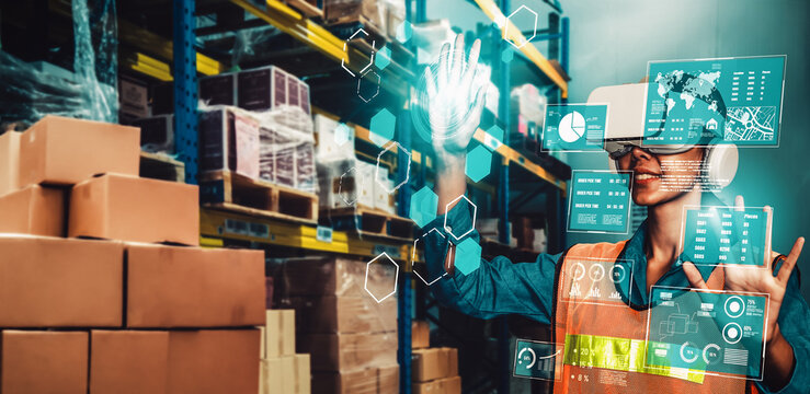 Future virtual reality technology for innovative VR warehouse management . Concept of smart technology for industrial revolution and automated logistic control . - Powered by Adobe