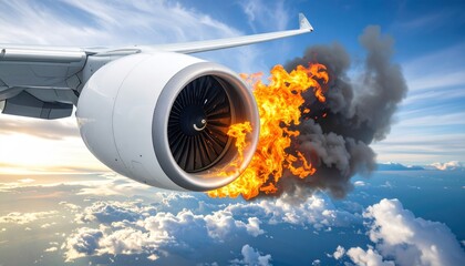 The airplane engine caught on fire during the flight against the background of blue sky and clouds, concept of emergency situation on board