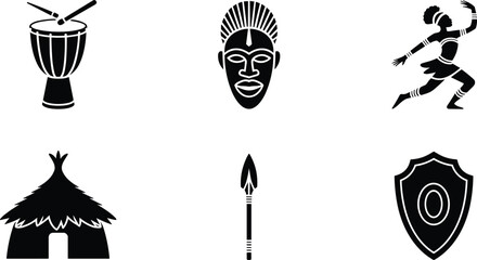 African culture silhouette vector illustration, tribal mask, traditional dancer, drum, hut, spear, shield, heritage icon, ethnic art design