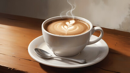 Steaming coffee cup with latte art on a wooden table