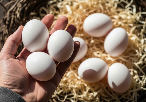 Handful of fresh white eggs nestled in straw - Powered by Adobe