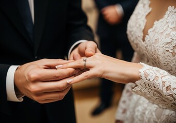 Groom places wedding ring on bride s finger during ceremony