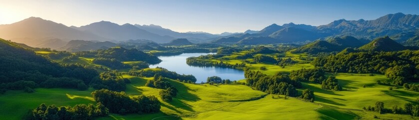 Stunning panoramic view of lush green hills, a winding river, and distant mountains under a partly cloudy sky.