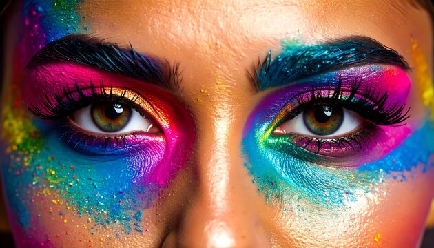 Close-up vibrant colorful eye makeup