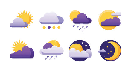 Obraz premium Weather Icon Set Featuring Sunny Cloudy Rainy Snowy and Night Sky Illustrations Collection