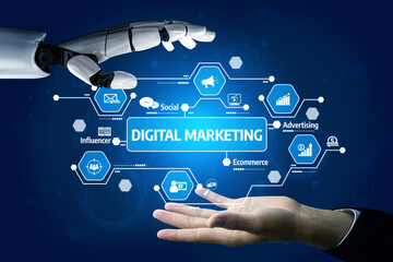 A robot hand extends toward a human palm, symbolizing collaboration in digital marketing. Icons represent technology, advertising, and ecommerce in a blue-themed design. Tessel