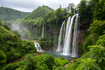 Fototapeta premium Cascading waterfalls in a lush green place, cut out on AI generated by PNG
