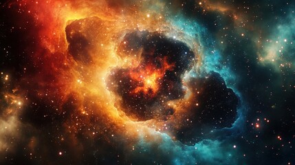 Stunning Cosmic Landscape: A Fiery Nebula with Bright Colors and Stars