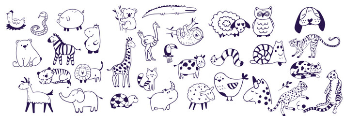 Collection of hand drawn cute animals cute Doodle Sketch set of drawings in child style