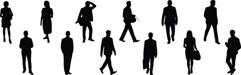 Collection of Black Silhouettes of People in Various Poses and Attire Keywords: silhouette, people