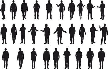 Collection of diverse male and female human silhouettes in various standing poses Keywords: silhouette