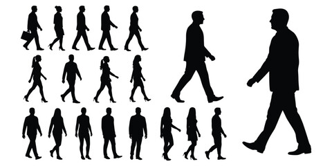 Collection of male and female silhouettes in walking poses and standing poses Keywords: silhouette