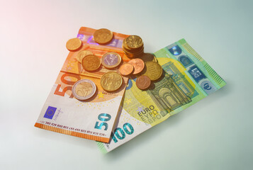 Euro coins notes. Euro Money cash background. Euro Money Banknotes. Euro bills, coins in Crisis of European Union. European Union's Euros cash. Coins and bills for pension.