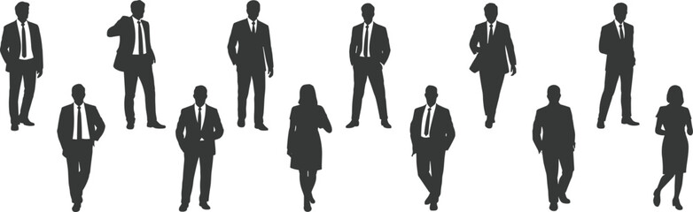 Diverse group of business people silhouettes standing and walking on white background woman