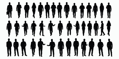 Diverse group of men and women silhouettes in various poses and outfits Keywords: silhouette, people