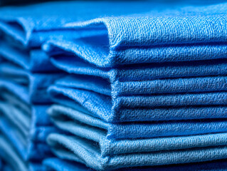 Stack of neatly folded blue towels depicting soft and absorbent fabric