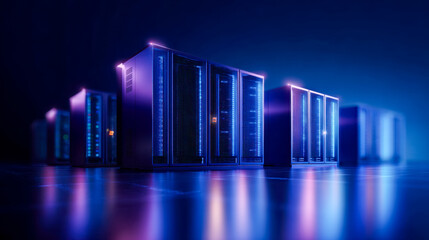 Fototapeta premium Modern data center servers illuminated with vibrant blue lighting in a high-tech environment
